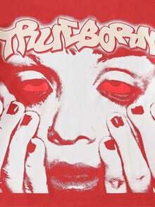 ROMWE MEN Street Life Men's Printed Long Sleeve T-Shirt, Loose Cropped Fit, For Fall - Red - View 4