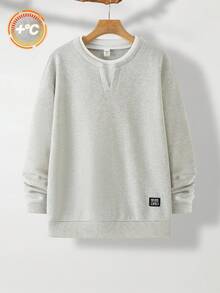 SHEIN 休闲纯色装饰标签细节二合一圆领落肩卫衣，简约基本百搭，适合居家、通勤、学校、日常休闲、旅行、户外、派对、秋冬 - 彩色 - 查看 2