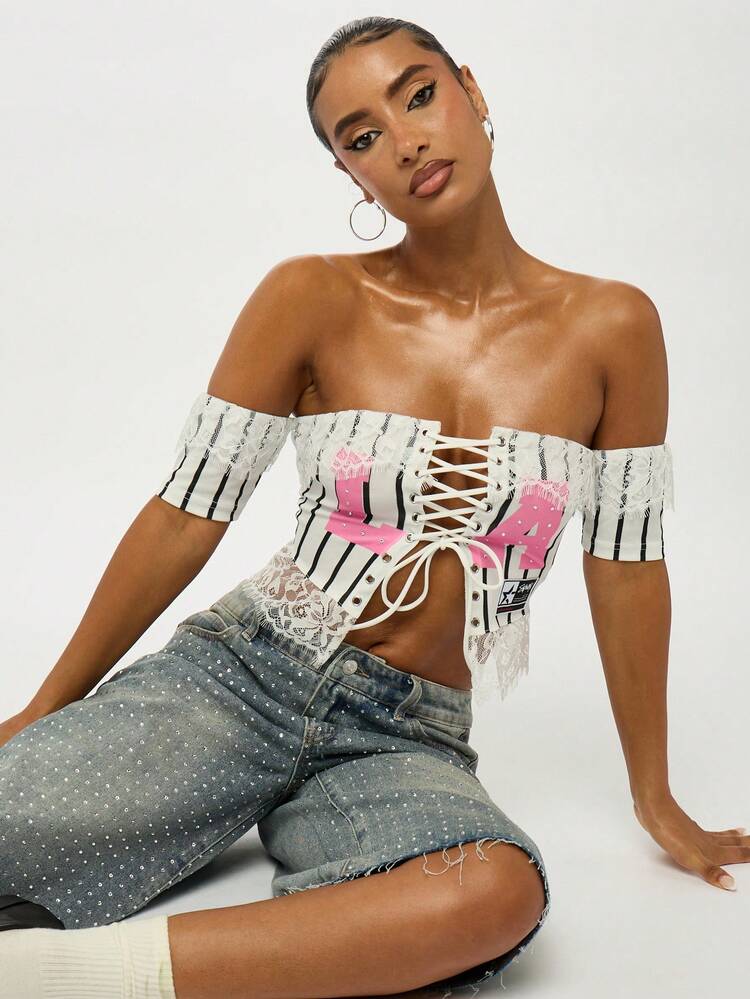 SUMWON WOMEN Striped Corset Top With Lace Trim And Piano Keys Design