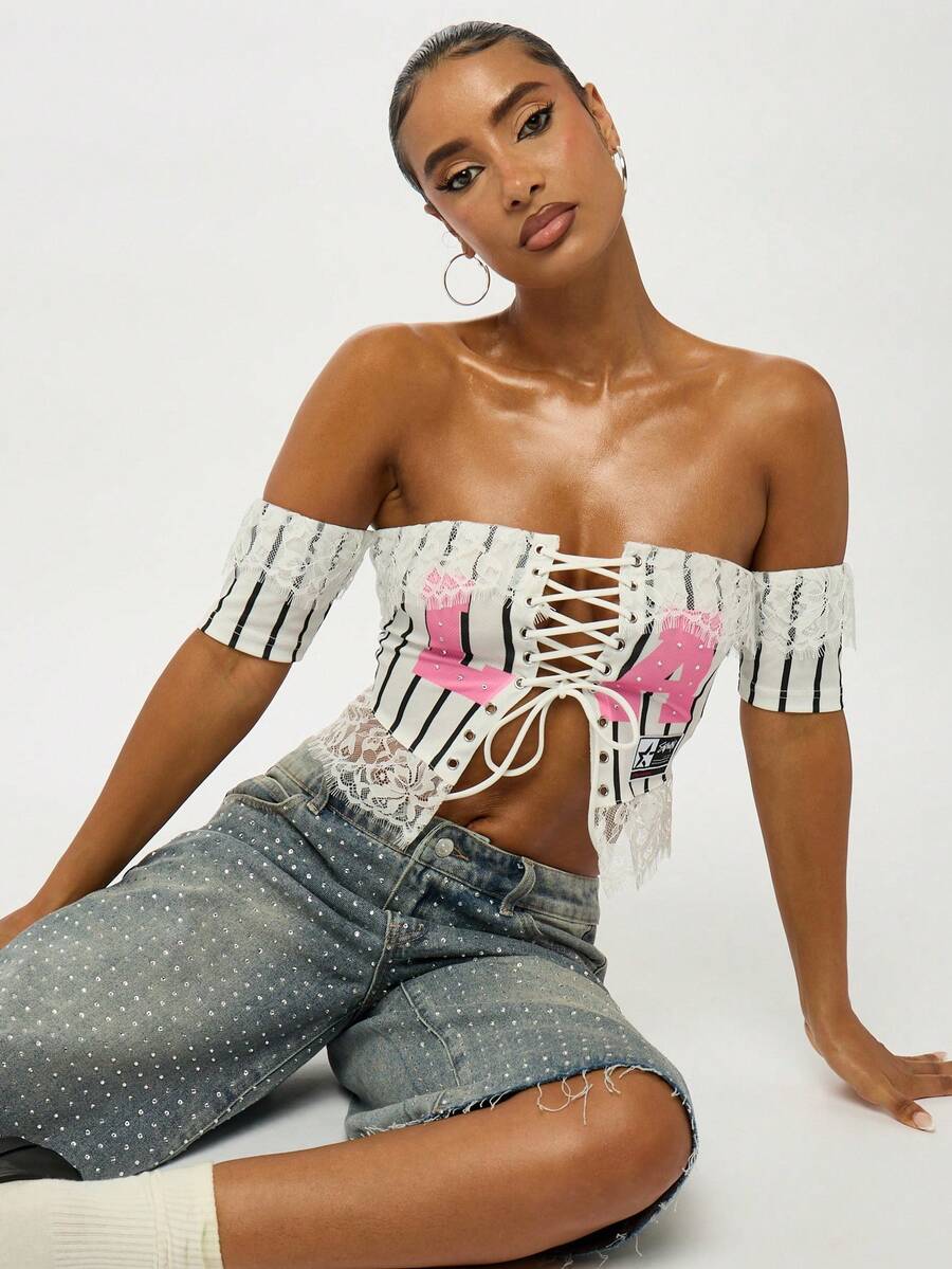 SUMWON WOMEN 露肩束腰系带上衣条纹白色钢琴键设计时尚复古别致美感短袖优雅晚会俱乐部服装 - 白色 - 查看 1