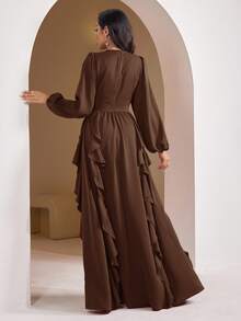 Veilorie Women's Solid Color Round Neck Lantern Sleeve Ruffle Hem Elegant Arabic Style Dress - Coffee Brown - View 2
