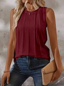 EMERY ROSE Women's Solid Color Round Neck Toothpick Design Casual Tank Top, Summer - Red - View 4