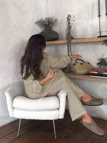 SHEIN 大码女式纯色阔腿灯笼袖前蝴蝶结细节两件套 - 米色 - 查看 5