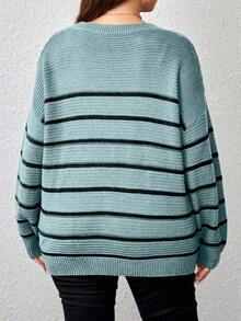 EURMUSE Plus Size Plus Size Loose Fit Colorblock Striped Pullover Sweater - Mint Green - View 2