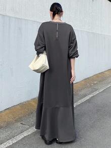 FRIFUL Women's Round Neck Thermal Lined Loose Letter Print Contrast Color Decor Fishtail Hem Long Dress - Grey - View 3