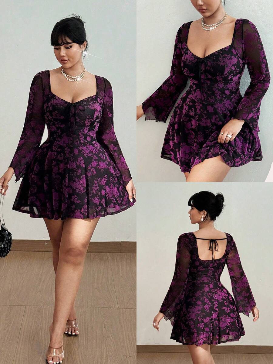 Viva Relle 大码女式花卉印花植绒 V 领喇叭袖荷叶边下摆迷你连衣裙，适合秋季、冬季、机场旅行、派对、正式、性感、露背、复活节、浪漫 - 彩色 - 查看 1