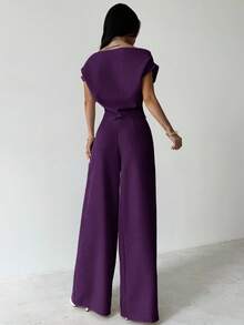 Firerie 夏季新款女士优雅休闲通勤白色落肩上衣和阔腿裤套装 - 紫色 - 查看 2