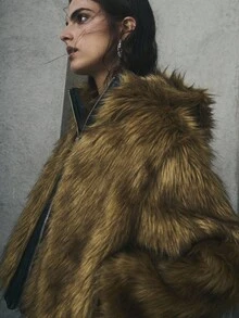 TypaGal 女士仿皮草外套，时尚秋季必备单品，完美适合秋季外出穿着的女士。 - 棕色 - 查看 1
