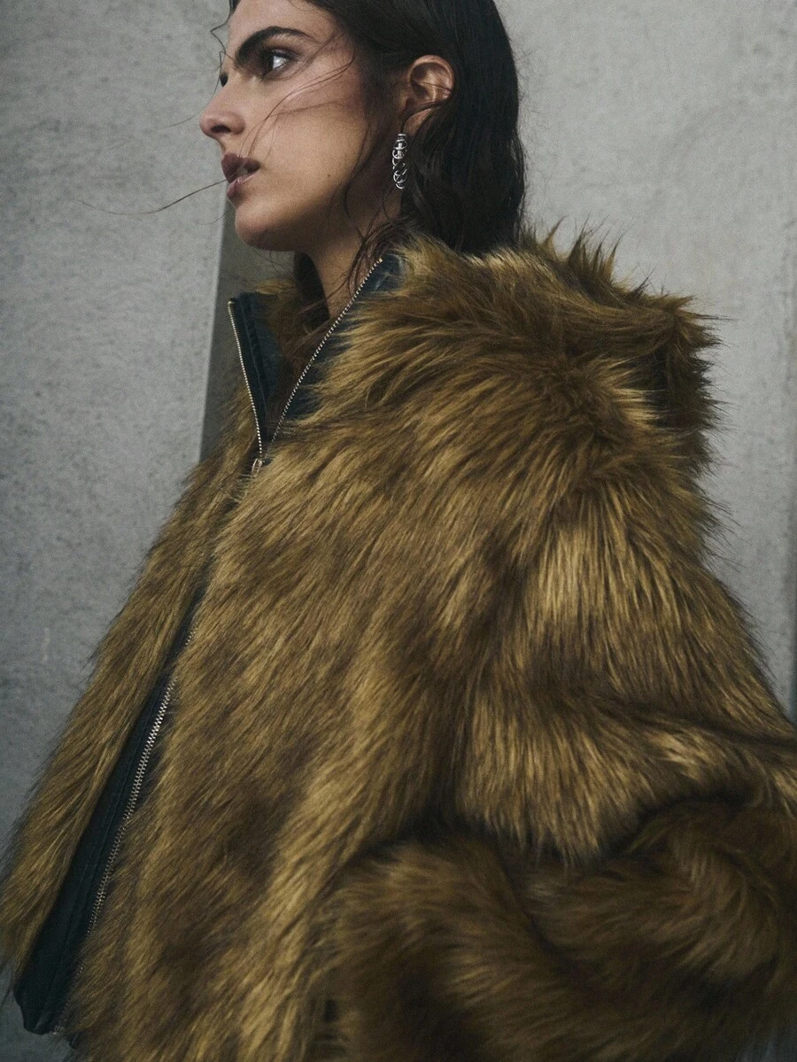 TypaGal 女士仿皮草外套,时尚秋季必备单品,完美适合秋季外出穿着的女士。 - 棕色 - 查看 1