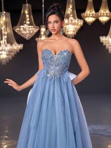 Glamrae 奢华、优雅、高贵、时尚、青春、蓝色、飘逸、网眼、露肩、罩杯设计、贴花、深V领、大喇叭裙、系带、适合单身派对、婚礼嘉宾、音乐节、度假、正式晚会、晚礼服