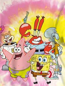 SpongeBob SquarePants | SHEIN 大码女式夏季休闲日常度假趣味可爱卡通扎染印花宽松落肩T恤 - 白色 - 查看 3