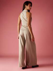 MISSGUIDED Pinstripe Wide Leg Palazzo Pants High Waisted Business Professional Work Wear Office Trousers Wide Leg Career Elegant Contemporary Classic - Apricot - View 2
