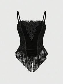 ROMWE Goth Dark Halloween Velvet & Contrast Lace Camisole - Black - View 1