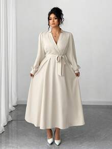 Elenzga Plus Size Women Elegant Long Sleeve Bowknot A-Line Dress, Autumn/Winter Fall Cloth For Women - Yellow - View 3