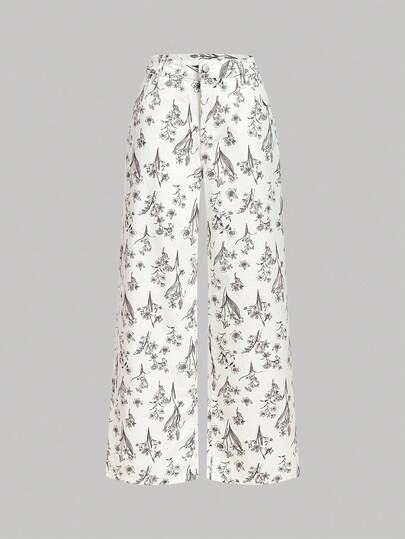SHEIN MOD Jeans casuales anchos con bolsillos y estampado floral para mujer