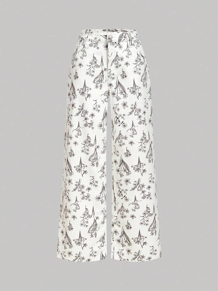 SHEIN MOD Jeans casuales anchos con bolsillos y estampado floral para mujer - Multicolor - Ver 1