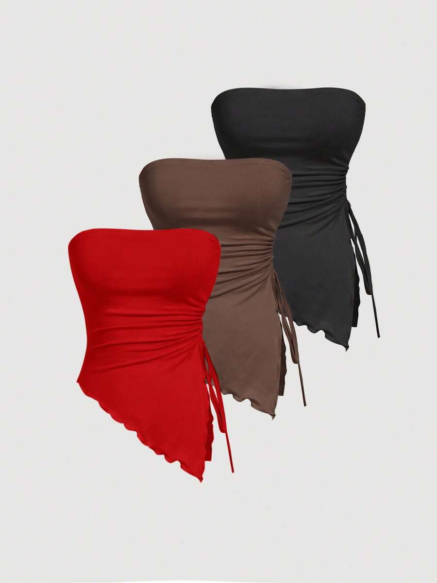 SHEIN MOD Top bustier à plis taille nouée sur les côtés, Top tube imprimé rétro, Top d'automne, Top de sortie, Débardeur marron - Rouge - Voir 1