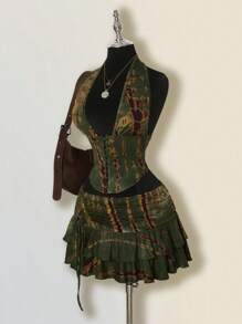 SHEIN ICON 女士扎染两件套，嬉皮风格扎染低胸超迷你裙，两件超低腰套装 - 軍綠色 - 查看 6