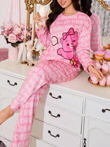 Conjunto de pijama de franela con estampado de oso lindo para mujer - Multicolor - Ver 3