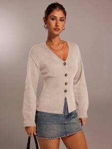 SHEIN Forever 21 Fall & Winter V-Neck Fitted Kawaii Clothes Funny New Years Eve Party Women Long Sleeve Women Cardigan Sweater , Y2k Clothes Street Wear Women Knitted Women Sweater - Apricot - View 6