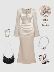 SHEIN MOD Váy đuôi cá tay Bishop cổ điển dành cho nữ, váy vải taffeta - Màu be - Xem 1