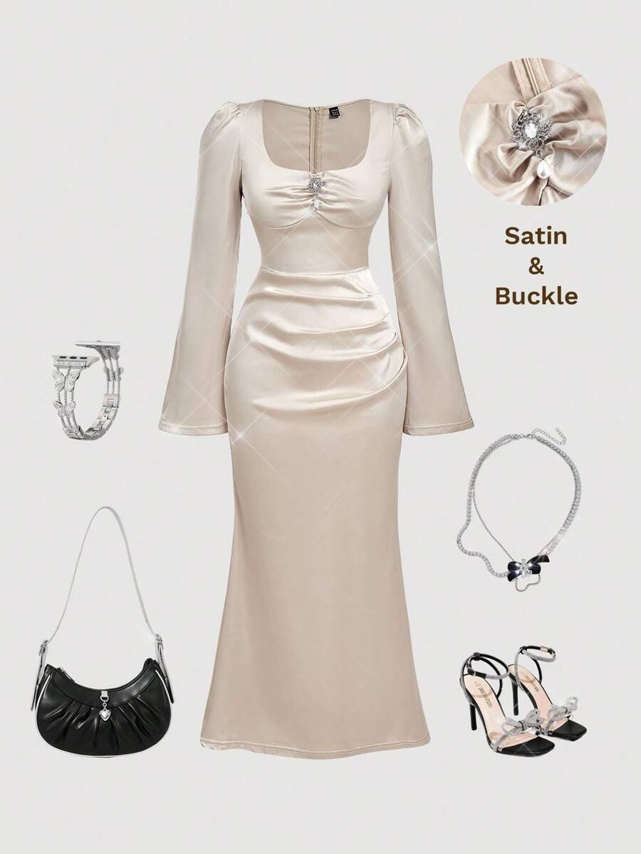 SHEIN MOD Váy đuôi cá tay Bishop cổ điển dành cho nữ, váy vải taffeta - Màu be - Xem 1