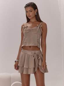MUSERA Bow Detail Adjustable Strap Ruched Cup Cinched Cami Top Classy Sexy Cute Night Out Occasion Vacation Autumn Layered  Party Fall Summer Spring Holiday - Brown - View 1
