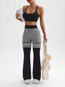 Gameset SHEIN Sport 2 buc femei fără cusături, talie înaltă elastică, strângere la fese, ridicare pantaloni de yoga evazați pentru picioare, colanți de antrenament, colanți evazați, colanți evazați, bootcut, pantaloni de yoga pentru femei, colanți evazați