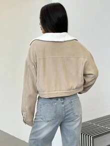 Áo khoác nữ tay dài dáng rộng, cài nút, ve áo màu tương phản, lót nhiệt, thời trang thu đông - Màu be - Xem 2