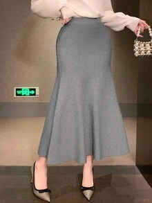 DAZY 女士优雅纯色美人鱼下摆毛衣半身裙，秋冬女装半身裙 - 灰色 - 查看 8