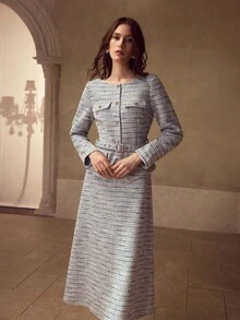 MOTF PREMIUM Váy vải tuýt có thắt lưng - màu đen - Xem 1