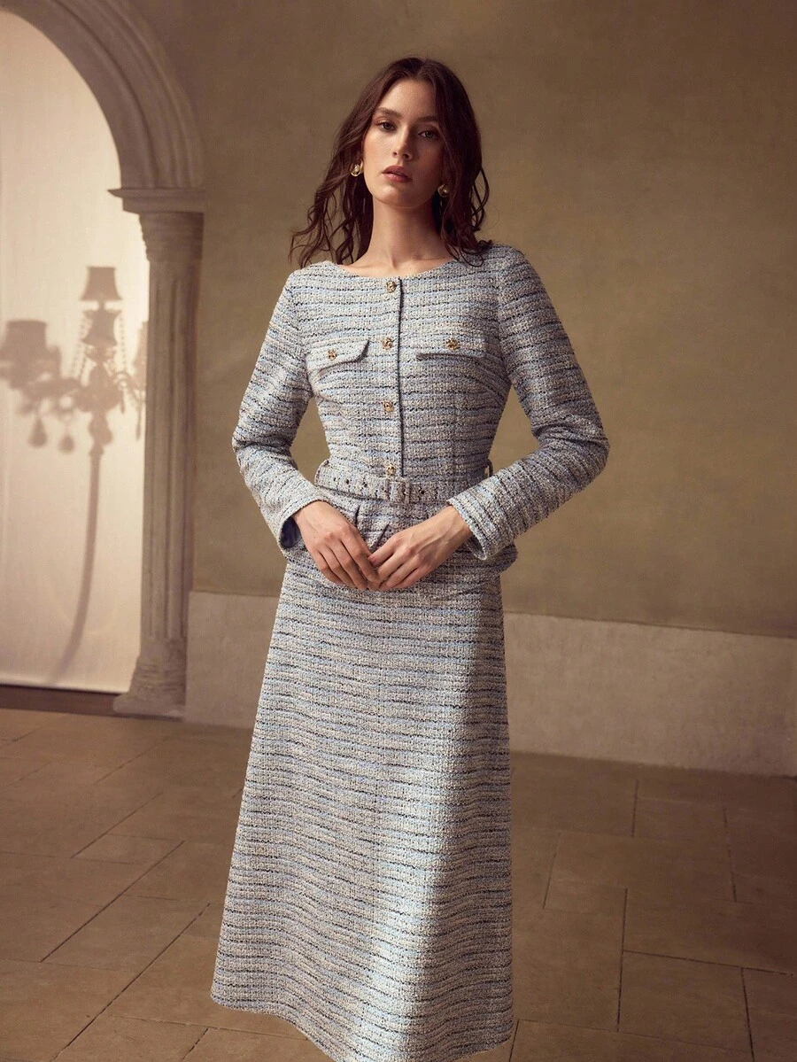 MOTF PREMIUM Váy vải tuýt có thắt lưng - màu đen - Xem 1