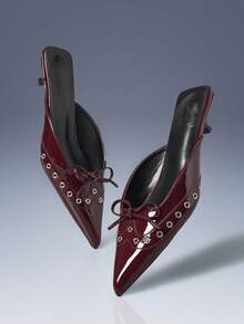 CUCCOO GRLICON Gold Rhinestone Bow Decor Low Heel Backless Women Shoes - Burgundy - View 5