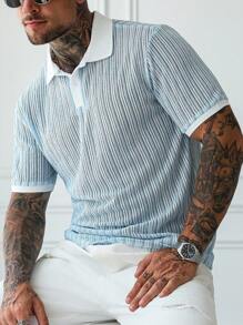 Manfinity Homme 男士优质纹理 Polo 衫，撞色领口，送给男朋友或丈夫的理想礼物，蓝白条纹，复古风格 - 淺藍色 - 查看 1