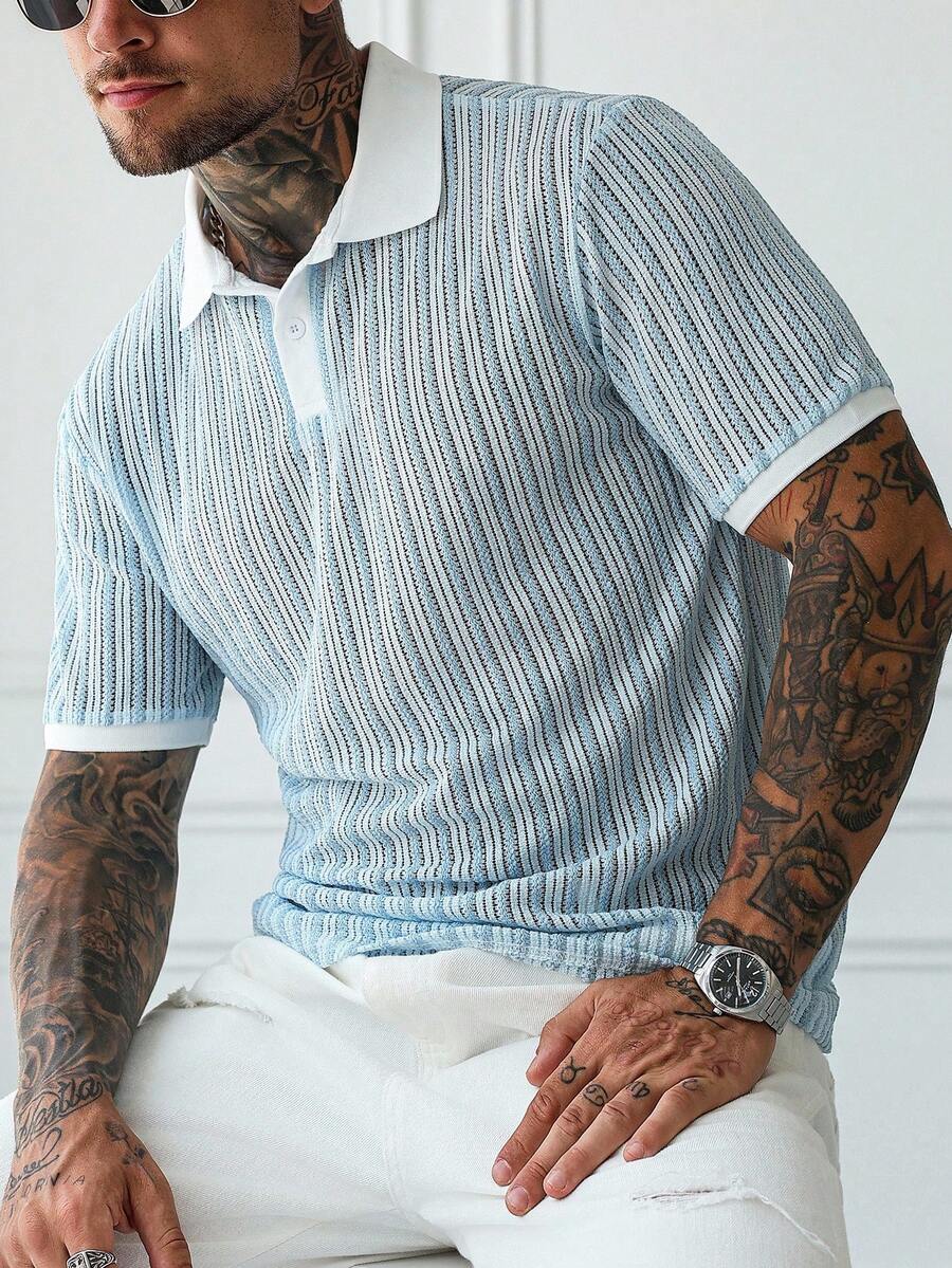 Manfinity Homme 男士优质纹理 Polo 衫，撞色领口，送给男朋友或丈夫的理想礼物，蓝白条纹，复古风格 - 淺藍色 - 查看 1