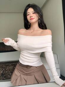 DAZY 女士优雅露肩纯色毛衣，秋季 - 米色 - 查看 5