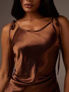 Athîral Women's Solid Color Tie Shoulder Split Hem Elegant Dress,Old Money,Satin Long Dress - Coffee Brown - View 4