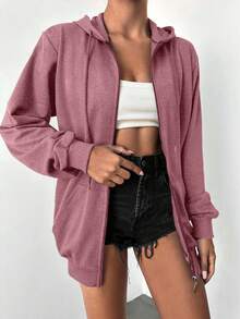 SHEIN Petite Size 100%Cotton Solid Zip Up Drawstring Hoodie - Dusty Pink - View 5