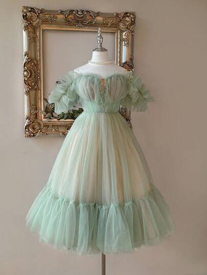 Lovelzi Elegant, Romantic, Energetic, Green, Mesh Fabric, Ruffles, One Shoulder, Waist-Length, Large A-Line Skirt, Suitable For Vacation, Party, Wedding, Graduation Season, Ceremony, Cocktail Party, Prom Dress,Graduation,Graduation Dresses For Women,Back To School Dress