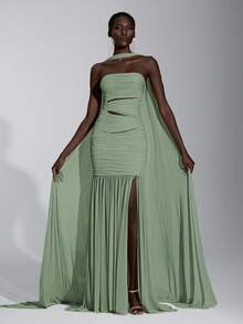 Elitara Elegant Luxurious Mustard Yellow Elastic Mesh Hollow Design Fitted Sexy Slit Fishtail Skirt, Suitable For Women's Formal Evening Gown - Mint Green - View 3