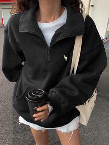 DAZY Color Block Collar Thermal Lined Loose Fit Sweatshirt For Women Fall/Winter Y2k - Black - View 9