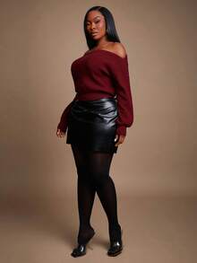 Radiana Plus Size Women's Sexy Elegant Off-Shoulder Long Sleeve Sweater, Suitable For Sexy Office Siren Coquettish, Prom, Ball, Valentine's Day, Cruise Attire, Commuting, Business - Brown - View 7