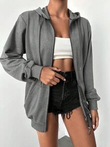 EURMUSE 100%Cotton Casual Long Sleeves Zip Up Drawstring Hoodie - Grey - View 5
