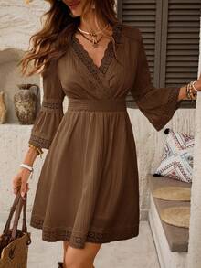 SHEIN LUNE Váy ngắn ngày lễ tay loe phối ren chắp vá màu nâu dành cho nữ - màu nâu - Xem 5