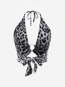 SHEIN LUNE Leopard Plunge Crop Halter Top Graphic Cheetah Print Tees Women Tops - Grey - View 2