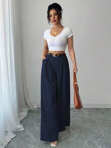 SHEIN PETITE Women's Casual Solid Color Wide Leg Pants, Versatile For Daily Commute Fall Cloth For Women - Navy Blue - View 3