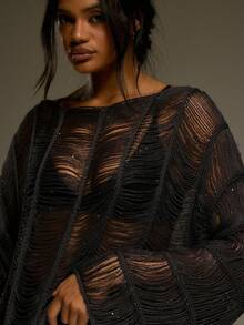 MUSERA 斜领破洞流苏串珠长袖毛衣，西部乡村街头风，节日优雅Y2K性感可爱90年代波西米亚风，中西部冬季优雅晚宴派对春夏春假 - 黑色 - 查看 2