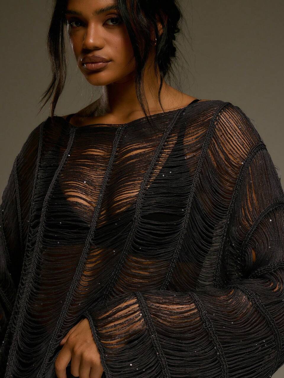 Black Slash Neck Distressed Fringe Beaded Long Sleeve Sweater