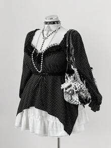 Sunspun Plus Size Polka Dot Lace Patchwork Long Sleeve Asymmetrical Hem Blouse