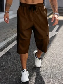 Manfinity Homme 纯色休闲抽绳男式加大码七分裤 - 棕色 - 查看 5